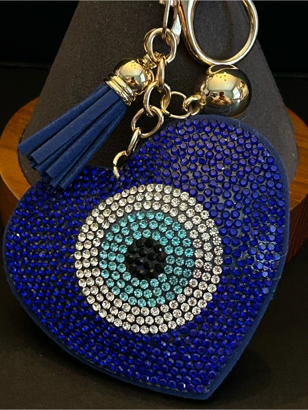 PREMIUM Puffy Blue Crystal Evil Eye Heart Bag Charm Keychain & Card Holder NWT
